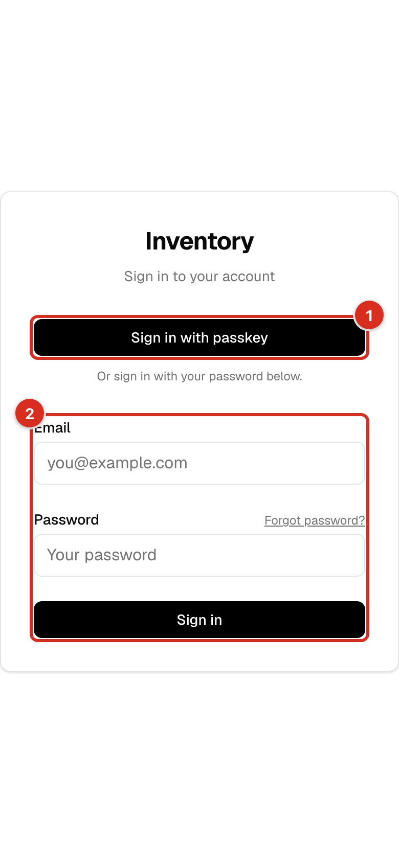 The sign-in screen with the passkey button and the password form highlighted