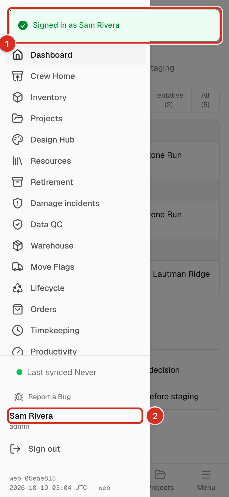 The dashboard with the "Signed in as" message and the name in the menu highlighted