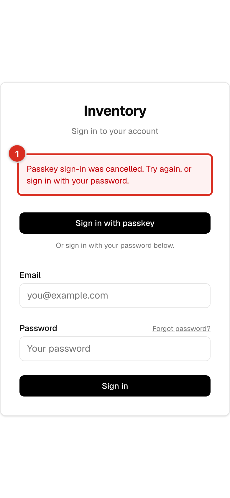 The cancelled notice on the sign-in screen